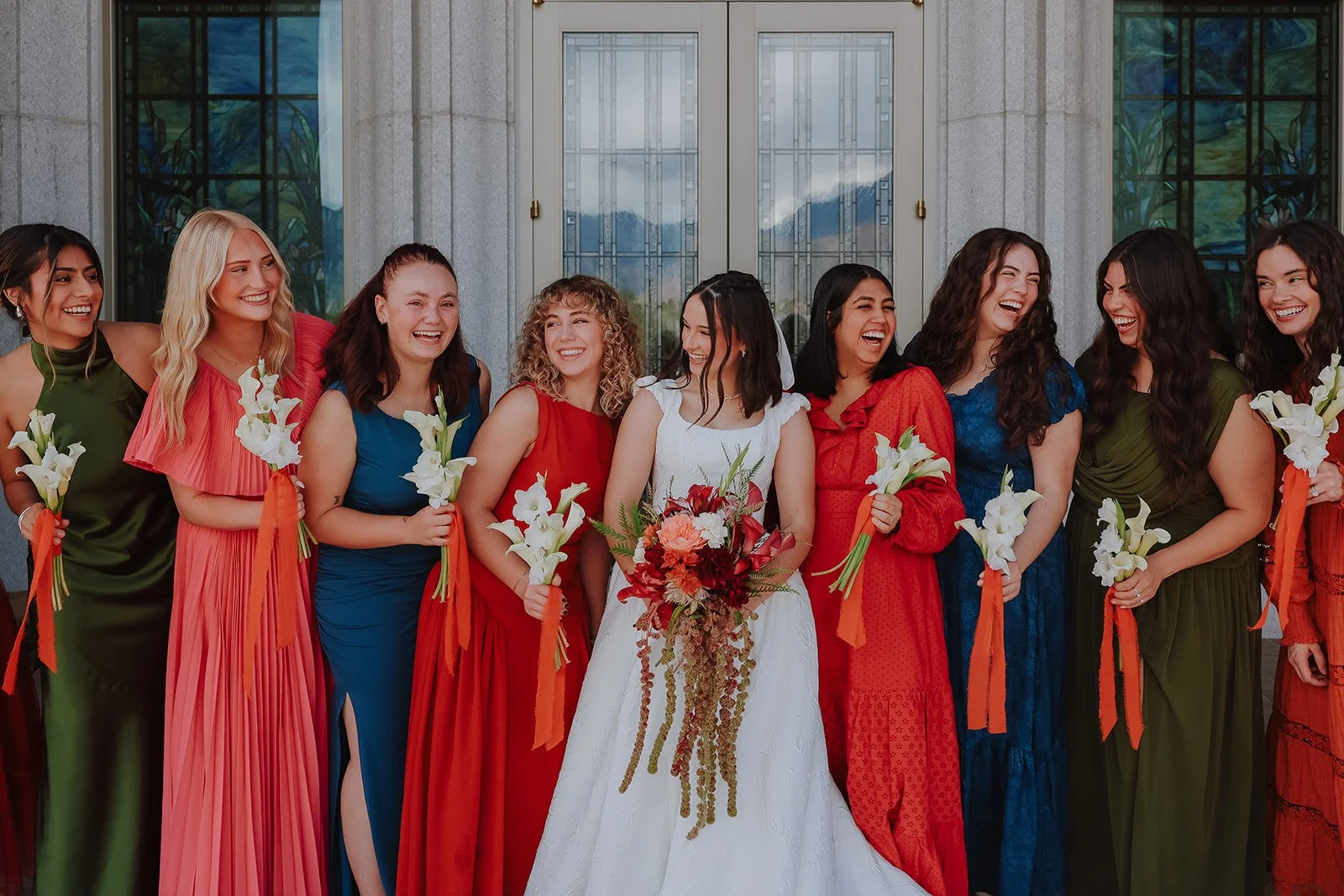 bride and bridesmaid at the orem utah temple