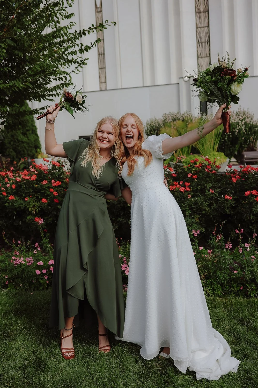 Bride with bridesmaid in green dress at the jordan river temple