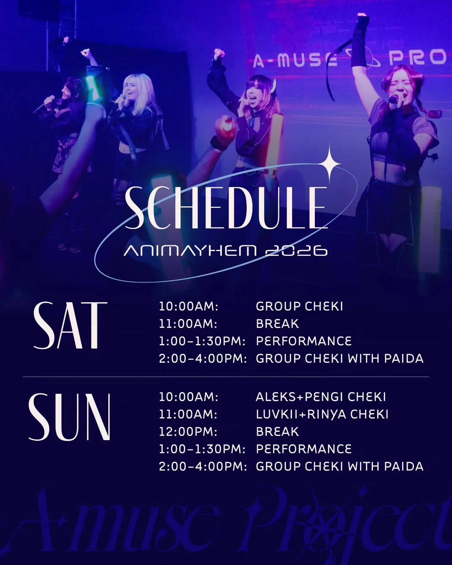 Are you ready for @animayhem_aus 😍✨️ In addition to our usual cheki menu, we will be offering a special group wide with @galaxygirlpaida.official 💜 Make sure to come by our table at these select times so you don't miss out! 
#idol #kaigaiidol #over