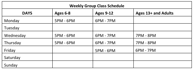 A weekly schedule table for group classes with age categories and times from Monday to Sunday.