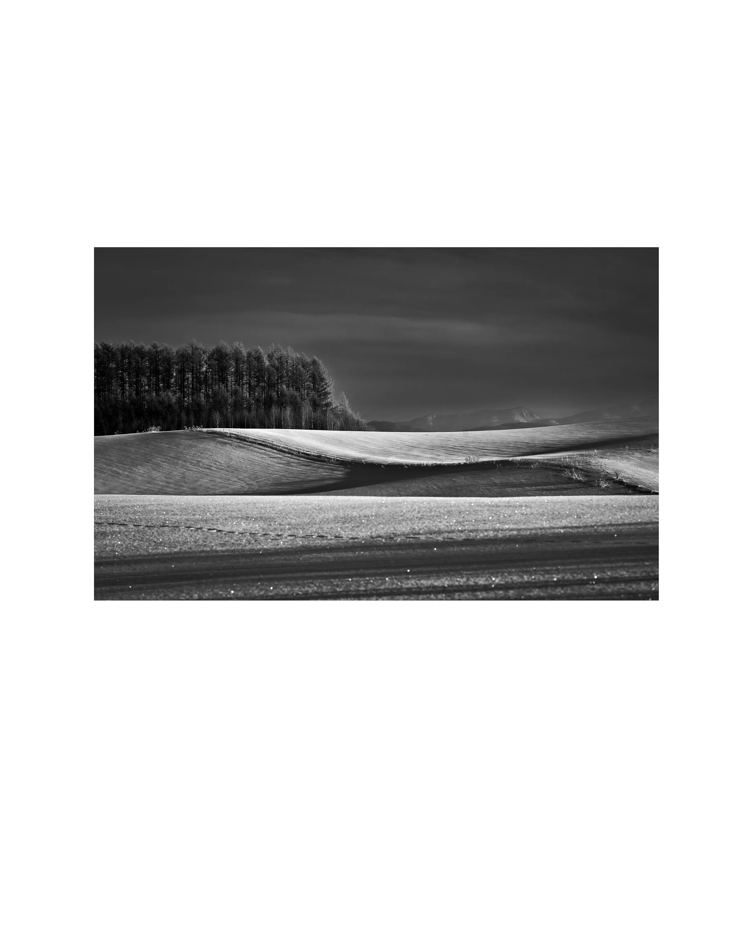 A black and white photograph of a landscape with a snow-covered field, a line of leafless trees on a hill, and a cloudy sky in the background.