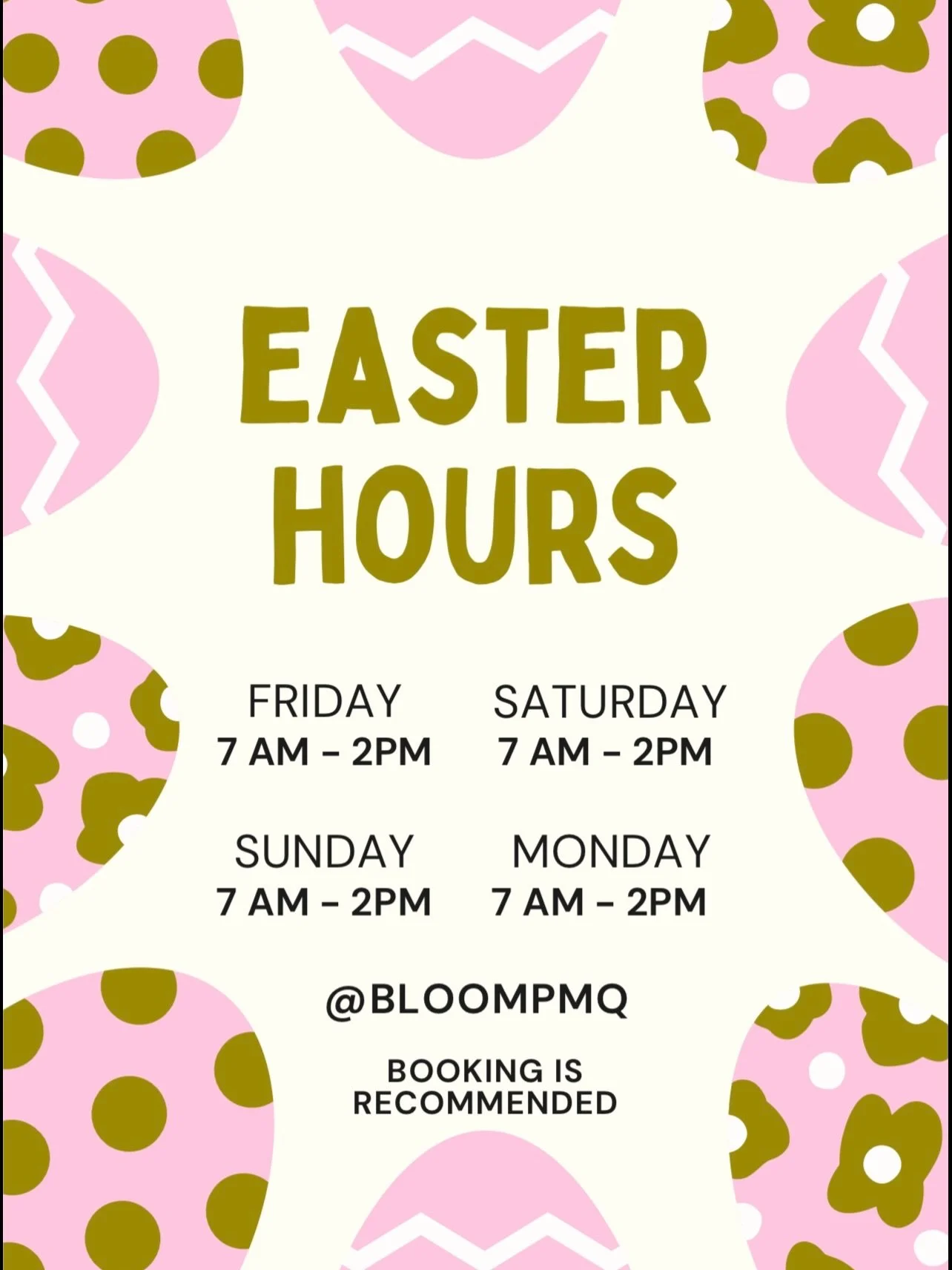 We&rsquo;re OPEN this Easter long weekend! 🐣✨
Join us from 7AM &ndash; 2PM for your favourites.

Secure your spot and book a table to avoid missing out! See you soon 💛

#bloompmq #nsw #pmq #halal