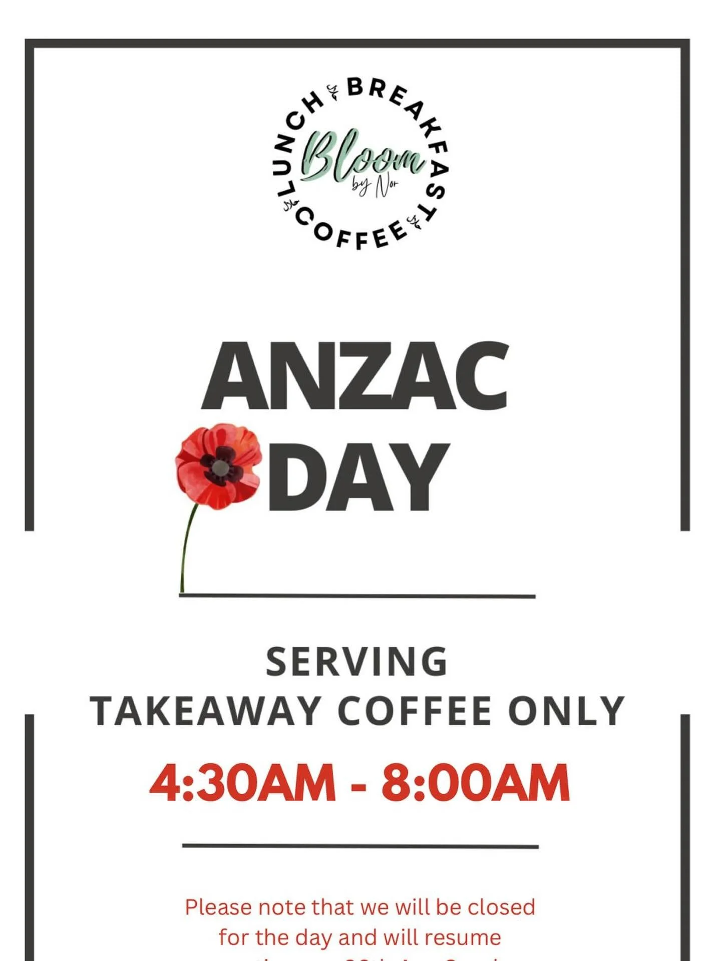 Lest we forget.

This Anzac Day, we&rsquo;re open early to keep things simple and warm for your morning.

Takeaway coffee only
4:30AM &ndash; 8:00AM

Swing by, grab a cup, and take a quiet moment to reflect.

See you at dawn ☕️