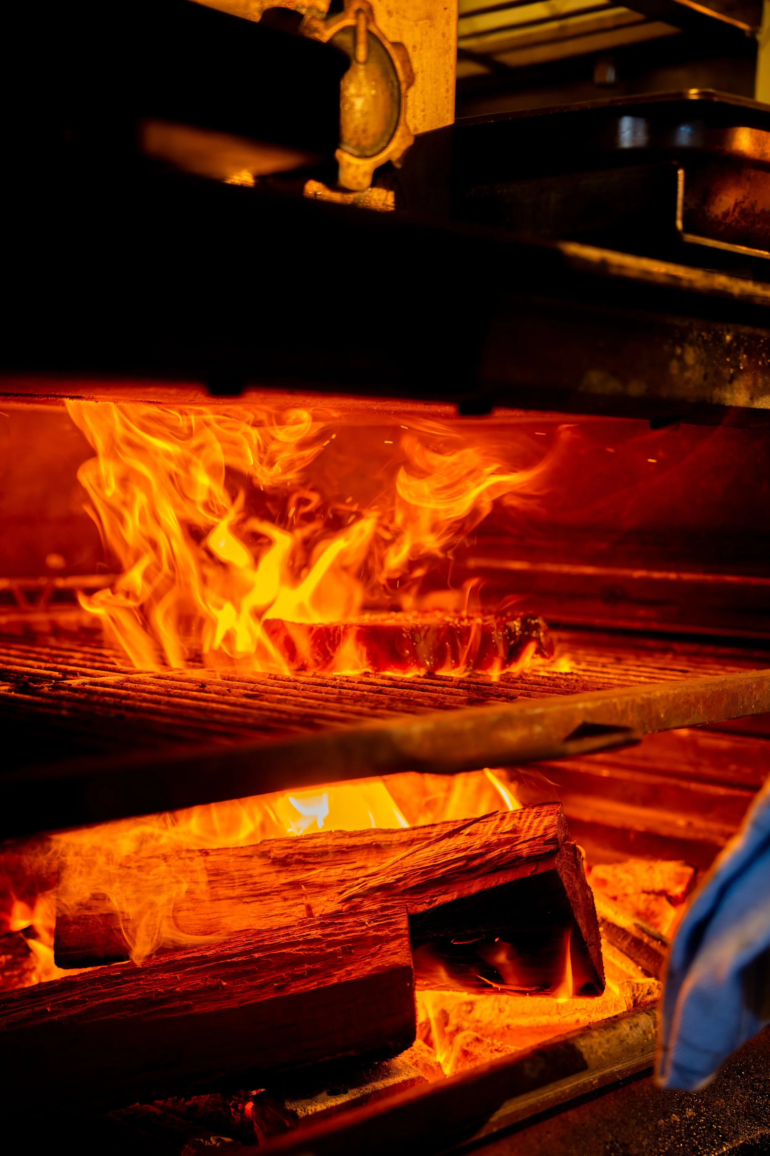 Logs burning in a fire with bright orange flames and glowing embers, seen through a metal grate.
