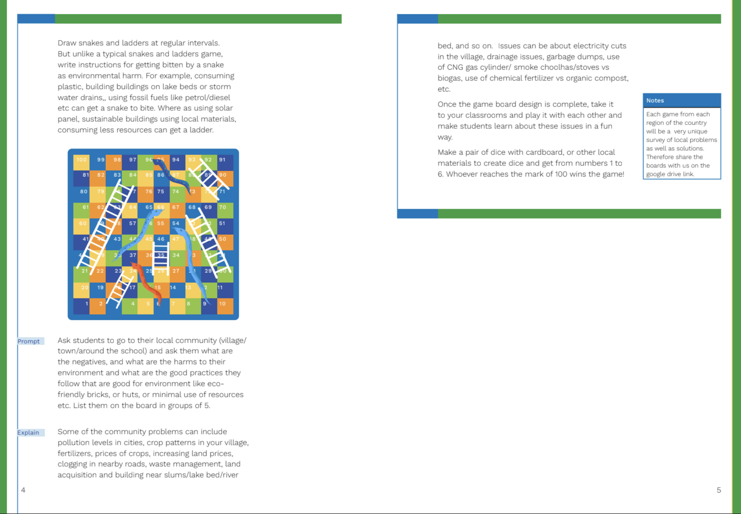 Page from teacher's handbook - Students design a snakes and ladders game board, with the snakes being the environmentally harmful practices, and the ladders being the environmentally beneficial practices, within the context of their own localities.