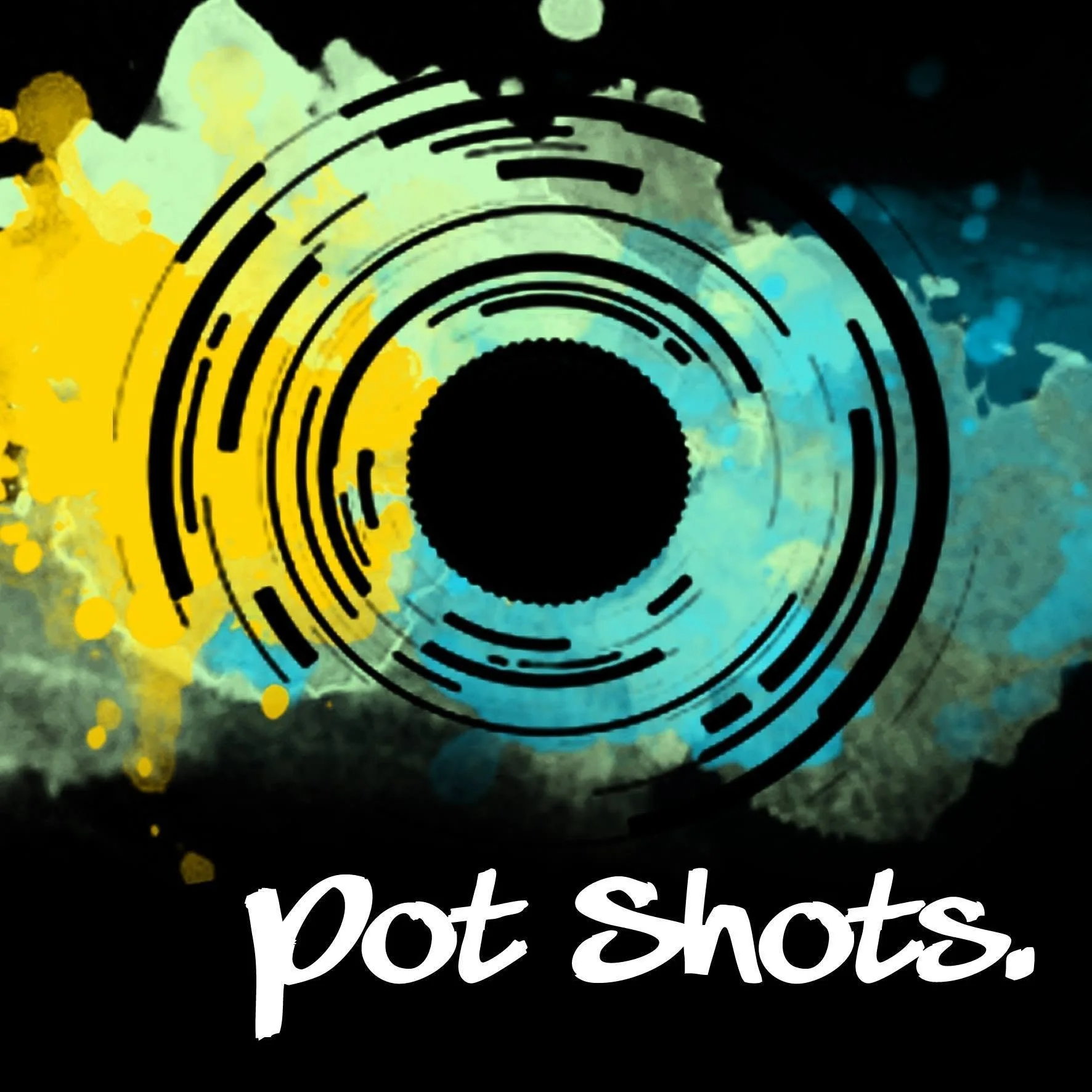 Colorful background with yellow, green, and blue splashes and black circular design elements, accompanied by white text that reads 'pot shots'.