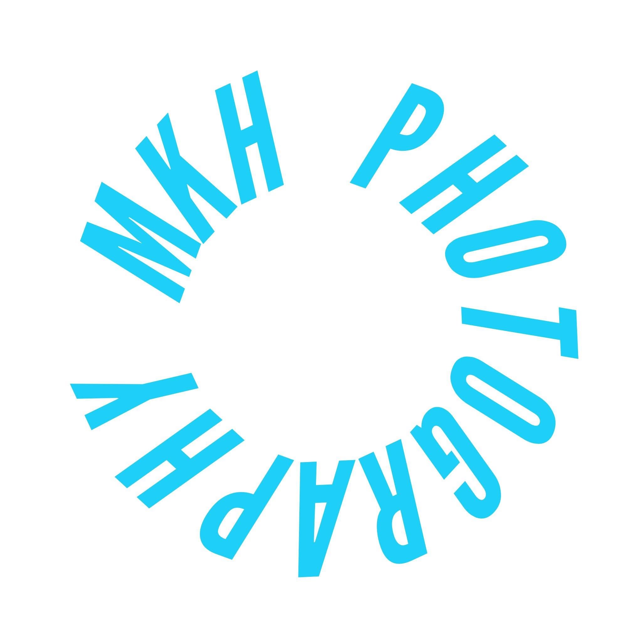 Abstract blue text design with curved lines and scattered letters.