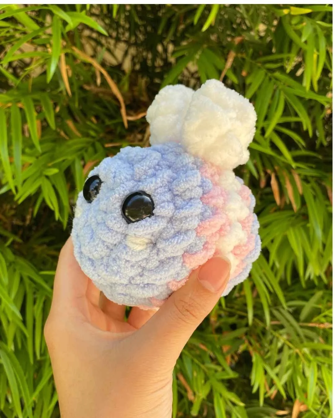 little crochet transgender pride bee with colors based on the transgender pride flag - free crochet pattern