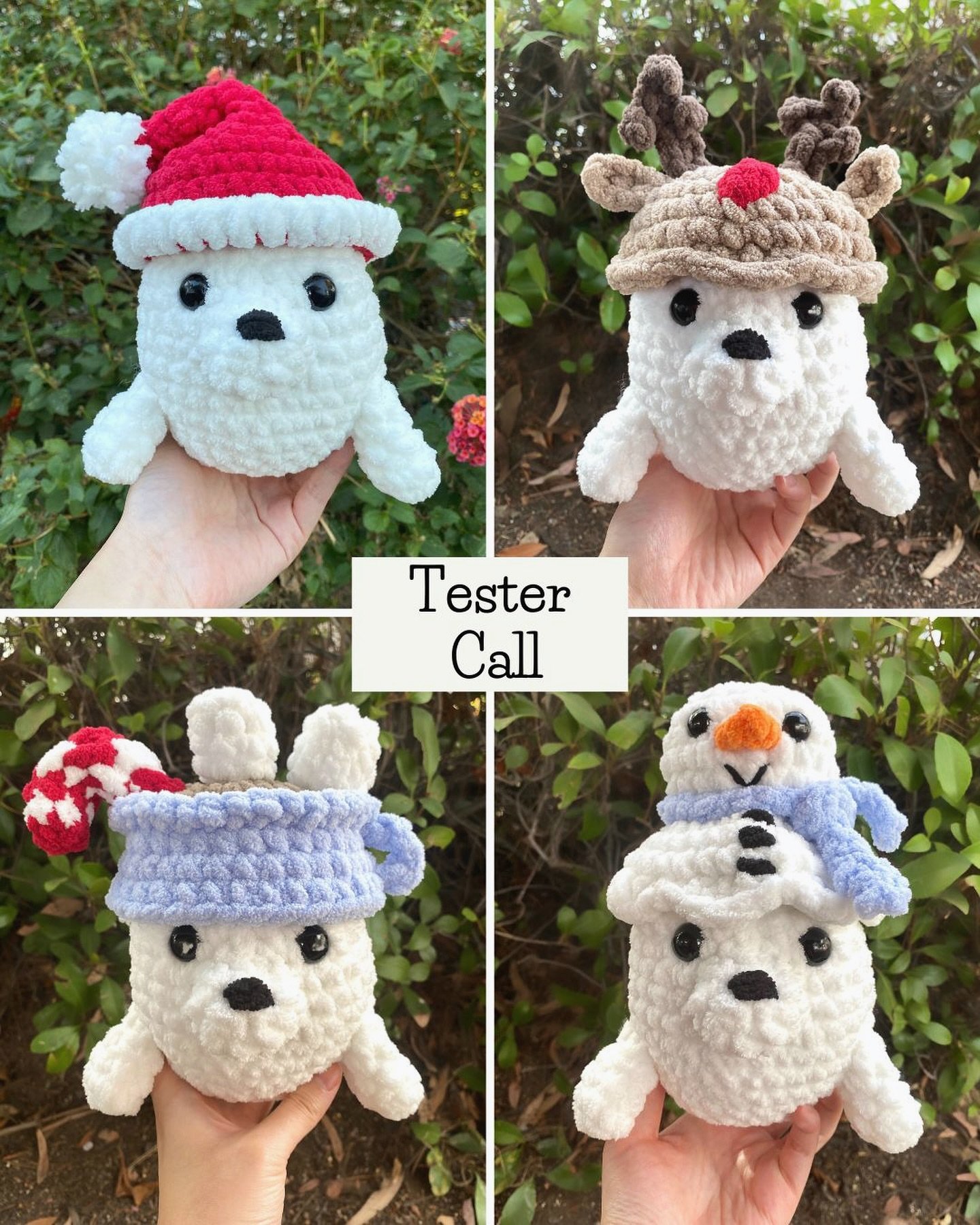 It&rsquo;s a TINY version of &ldquo;bubbles the seal&rdquo;, this time with christmas/winter-themed hats! And here&rsquo;s ANOTHER seal with hat(s) tester call! 🥹 

I&rsquo;m looking for some speedy crocheters who can finish testing ONE of these sea