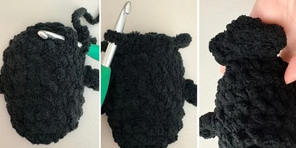 process picture of how to surface crochet the tail of a raven or crow or bird directly onto the body