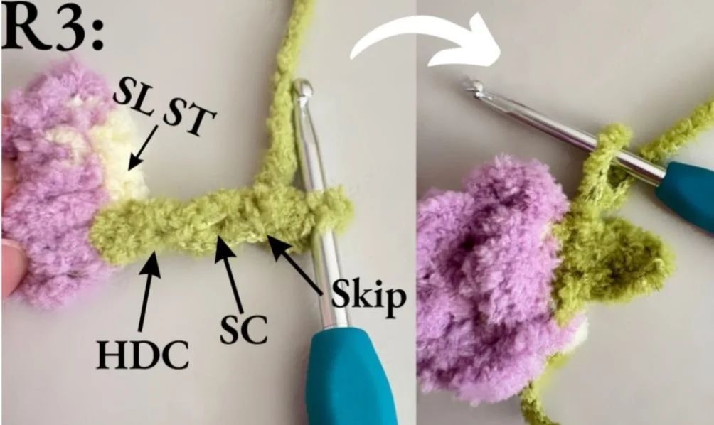 reference photo on how to crochet the leaves of the flower, showing a chain and a SC going into the second chain, a HDC going into the third chain, and a SL ST back into the yellow part of the flower
