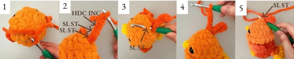 progress picture guide on how to crochet the phoenix's crest