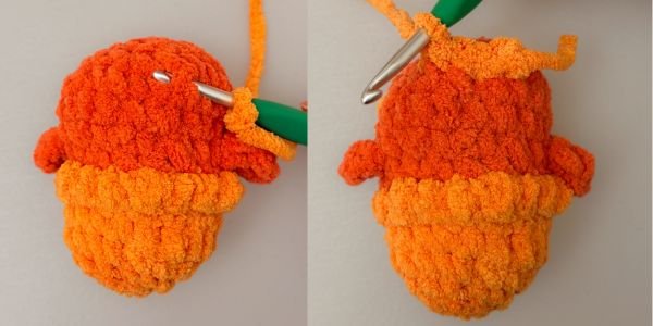 progress picture reference for how to crochet the tail onto the phoenix