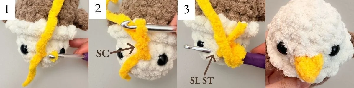 picture guide on how to crochet the beak onto the eagle