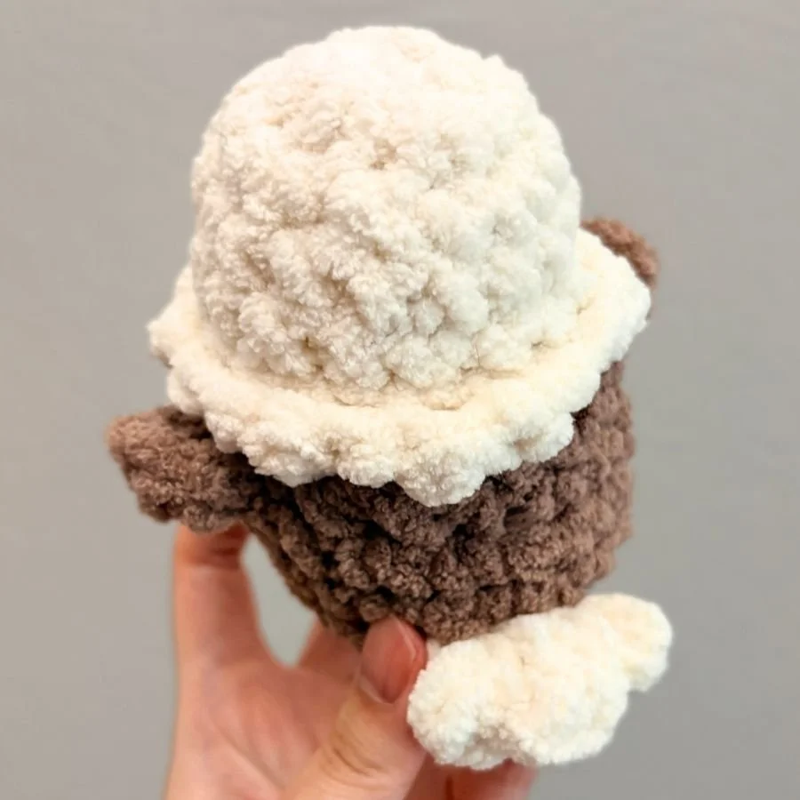 back view of little crochet eagle with white tail - free no-sew crochet eagle pattern