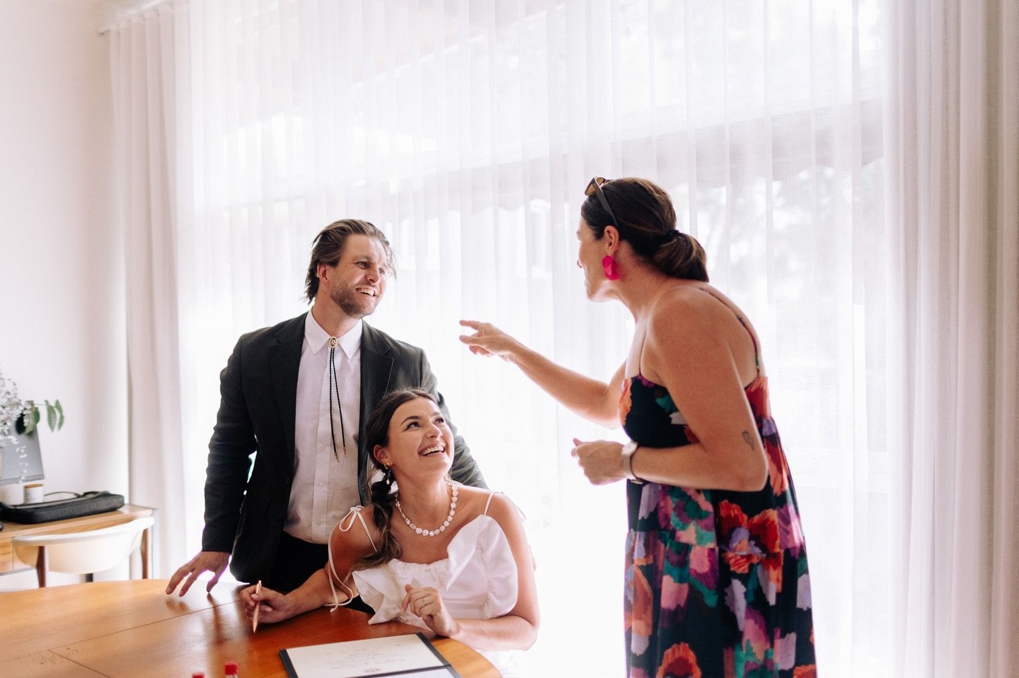 Aww, I smiled so much looking through Chrissy and Matt&rsquo;s gallery. 

Some banter happening here whilst they signed inside after their backyard ceremony. 

They lined up shots of Fireball to celebrate it all being stitched up. 

This is what a gr