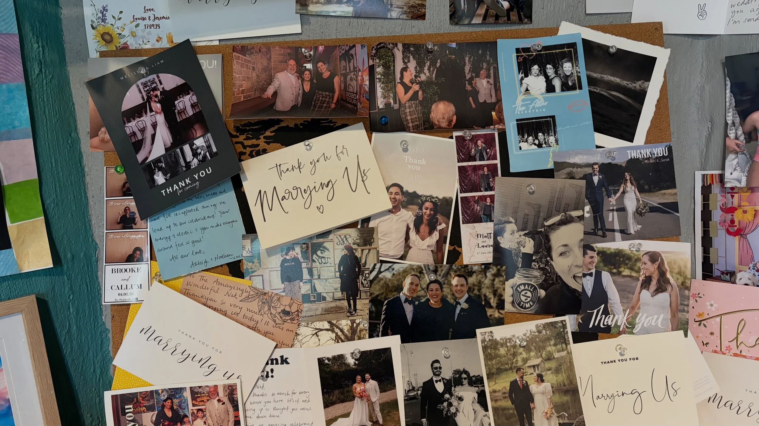 The walls surrounding my desk are laden with thank you cards and photos sent to me by couples over the years. It&rsquo;s a daily dopamine hit! 
.
I will never take the gratitude, beautiful words, bottles of wine and gin and funny gifts for granted. N