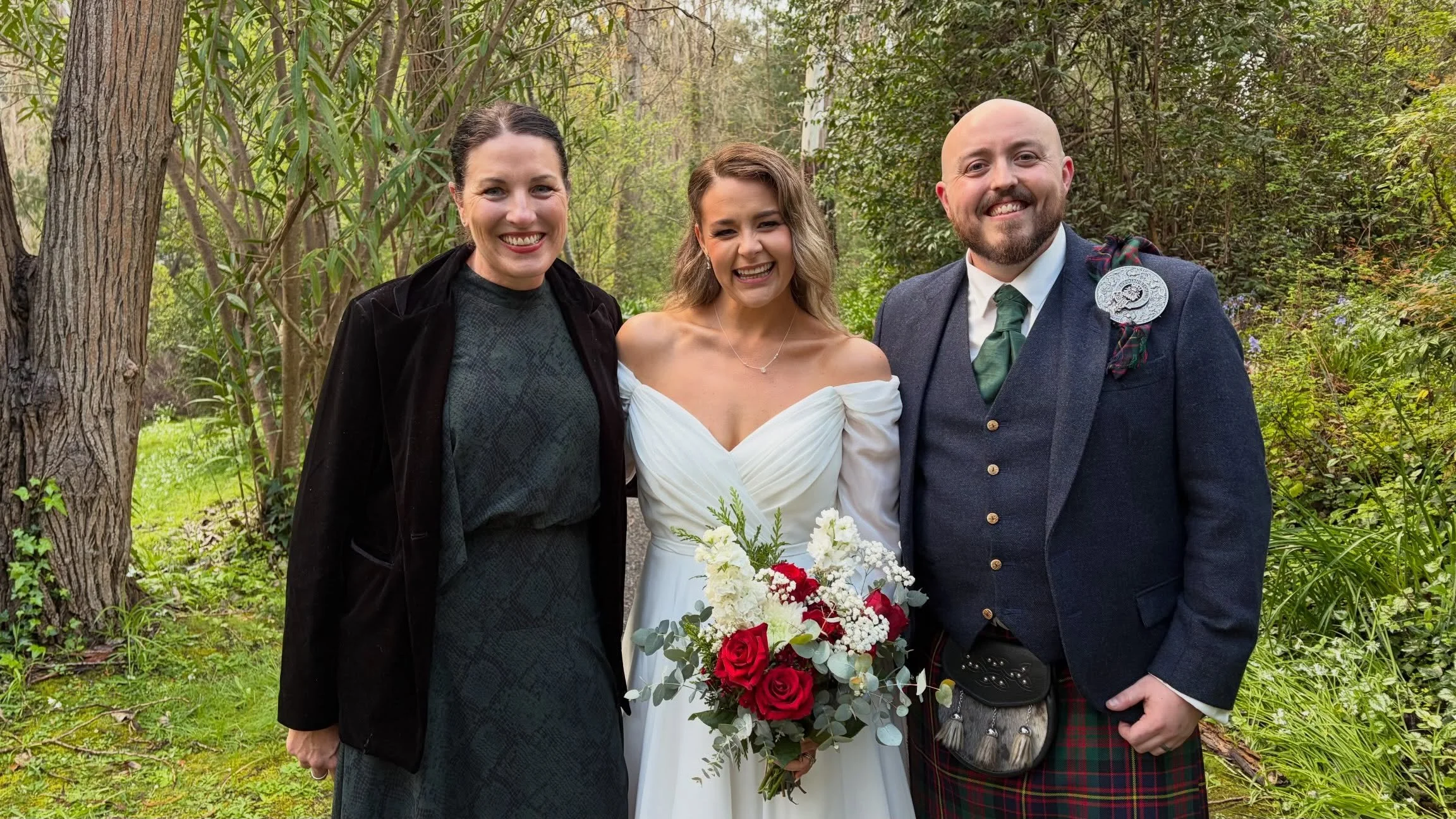 Chantel and Graeme are married! They met by absolute chance and endured two years long distance thanks to Covid.

Guests arrived to live bagpipes and gently drizzling rain. Plan B activated, we just got on with it. The gardens were bursting with gree