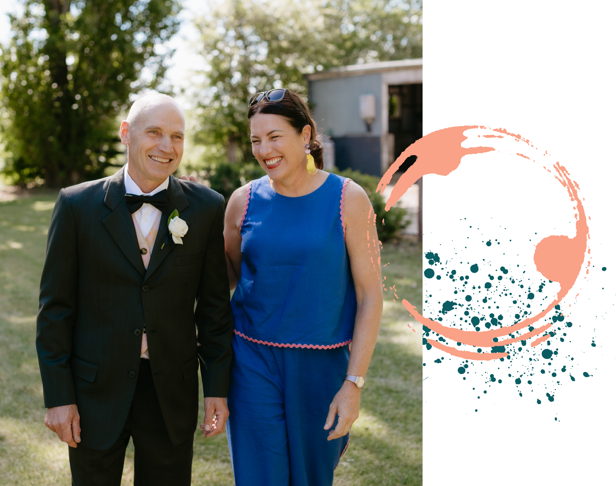 Macedon Ranges celebrant Nat Sproal pictured walking with a bride's Dad. They are both laughing. Dad wears a tux, Nat wears a royal blue top and pants.