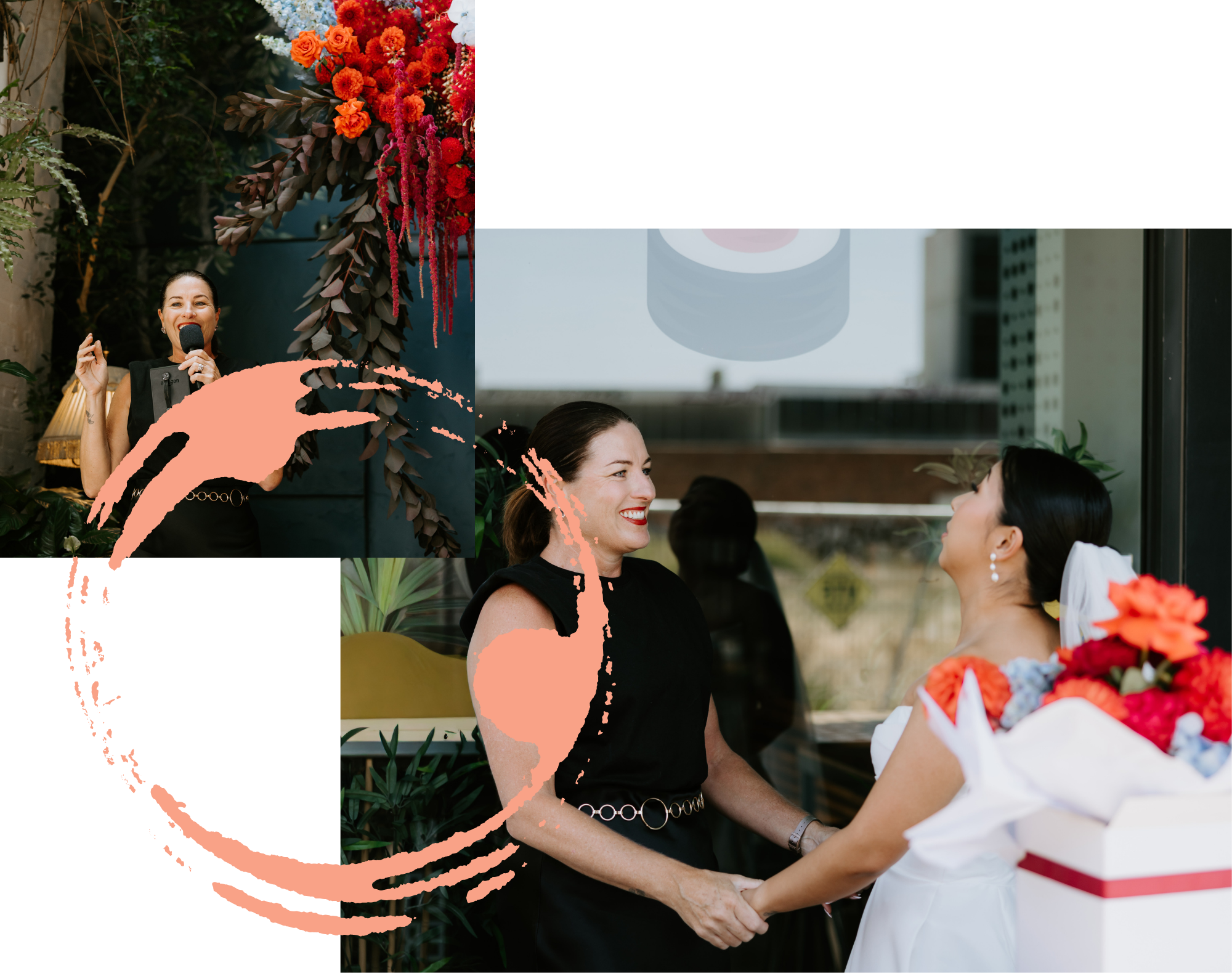 Profile shot of Melbourne celebrant Nat Sproal holding the hands of a nervous bride outside Rupert on Rupert in Collingwood.
