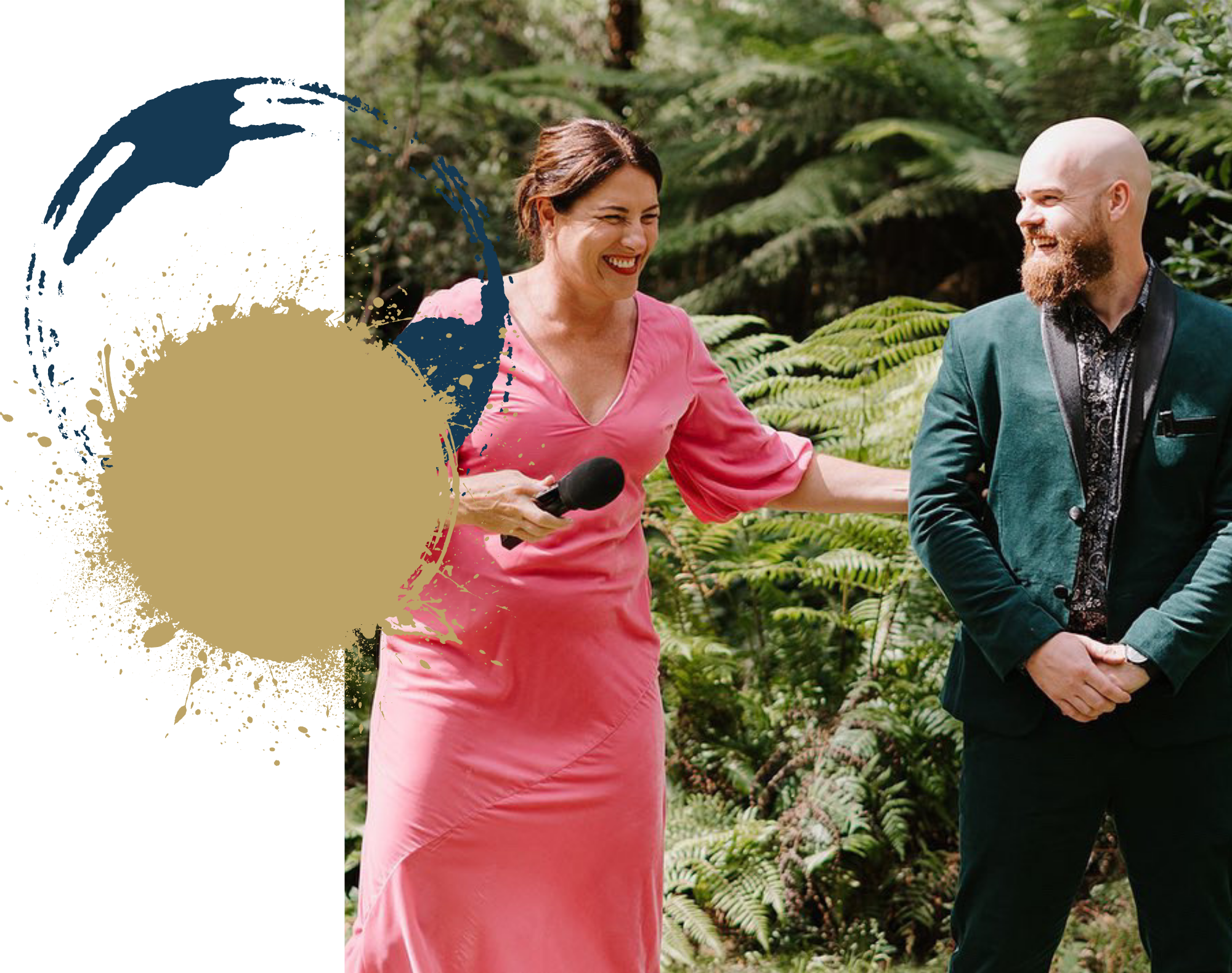Celebrant Nat Sproal wears a pink dress and holds a grooms arm reassuringly. They are both smiling at each other.