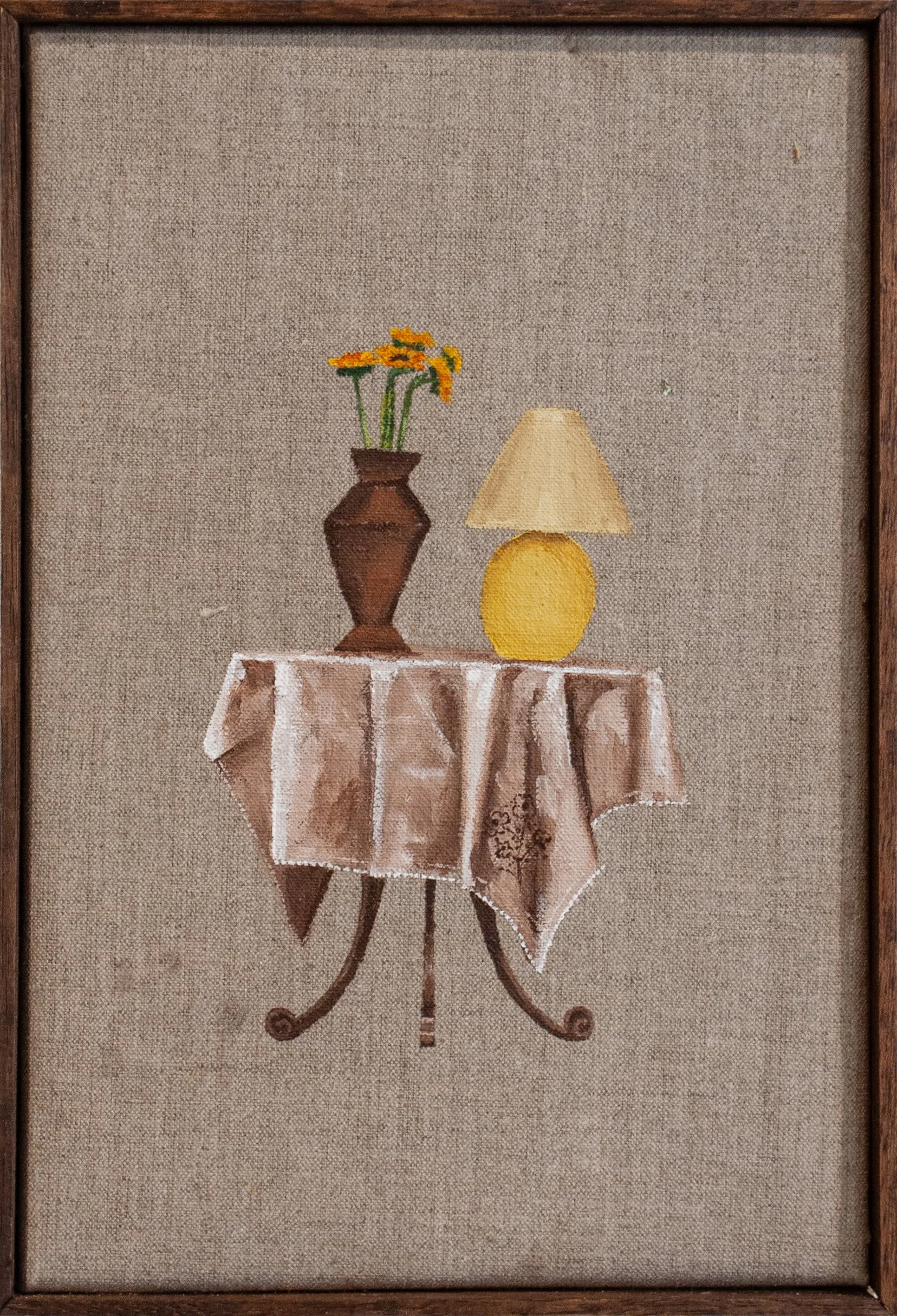 Tiny table,2025. Acrylic/Belgian linen canvas - 20 x 30cm. Framed / sold