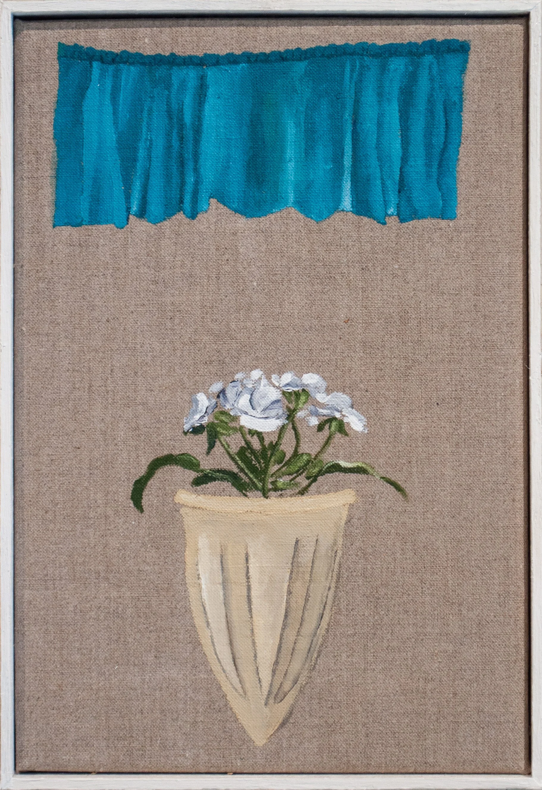 Flower and curtain,2025. Acrylic/Belgian linen canvas - 20 x 30cm. Framed