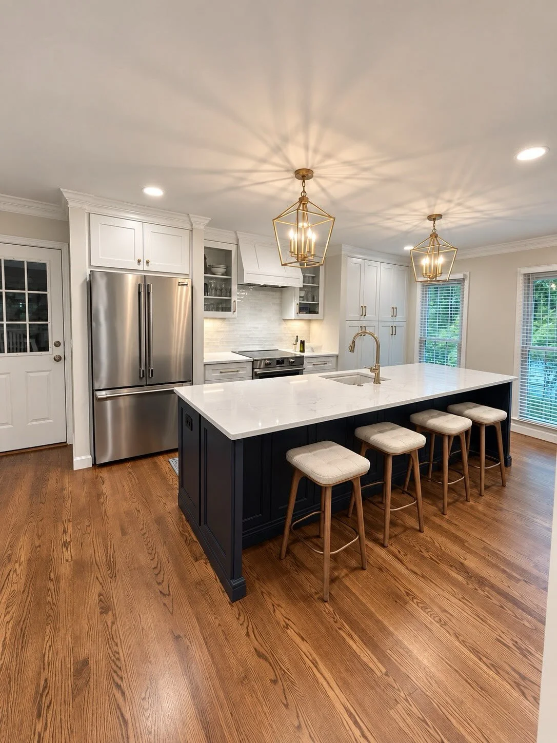 Another corner of this Matthews kitchen renovation!

Featuring a stunning new navy island, quartz countertops, and elegant brass lantern pendants that bring warmth and character to the space. The updated lighting not only makes a statement but beauti