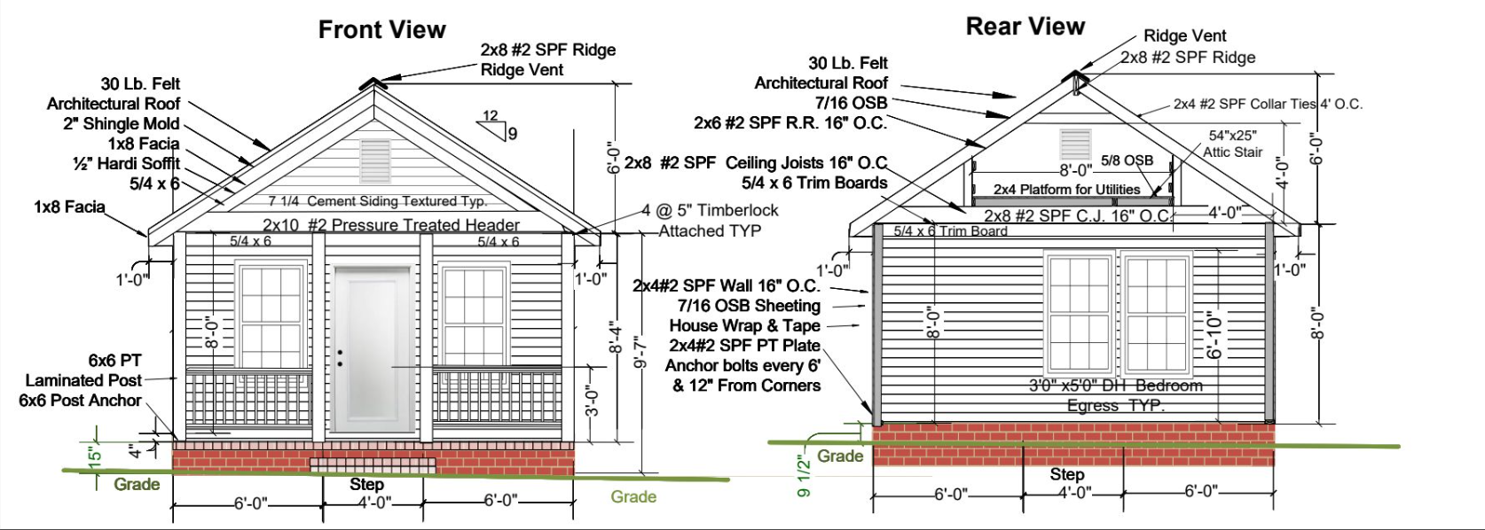Architectural blueprint showing front and rear views of an Accessory Dwelling Unity with detailed dimensions, materials, and construction notes.