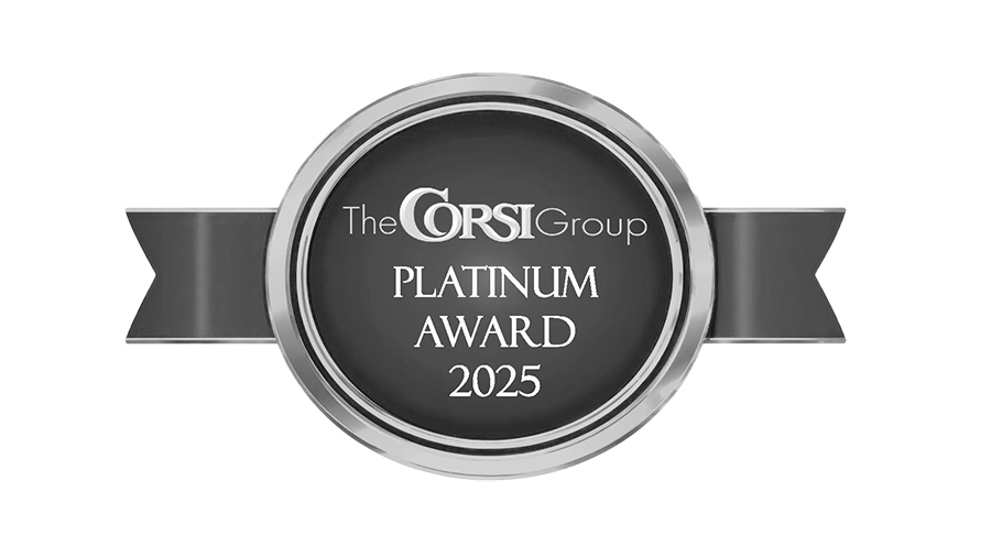 Black and silver badge with a ribbon that reads 'The Corsi Group Platinum Award 2025'.