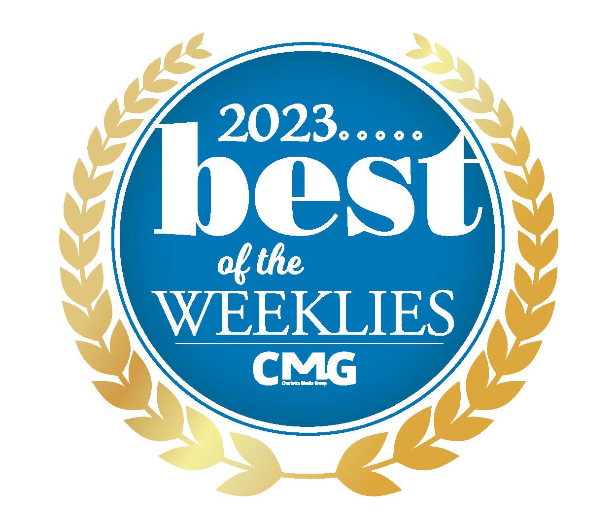 A circular badge with a gold laurel wreath border, blue center, and white text reading '2023... best of the Weklies CMG.'
