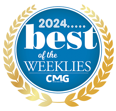 A circular award badge with a blue center and gold laurel wreath border, reading "2024... best of the WEEKLIES" and the CMG logo at the bottom.