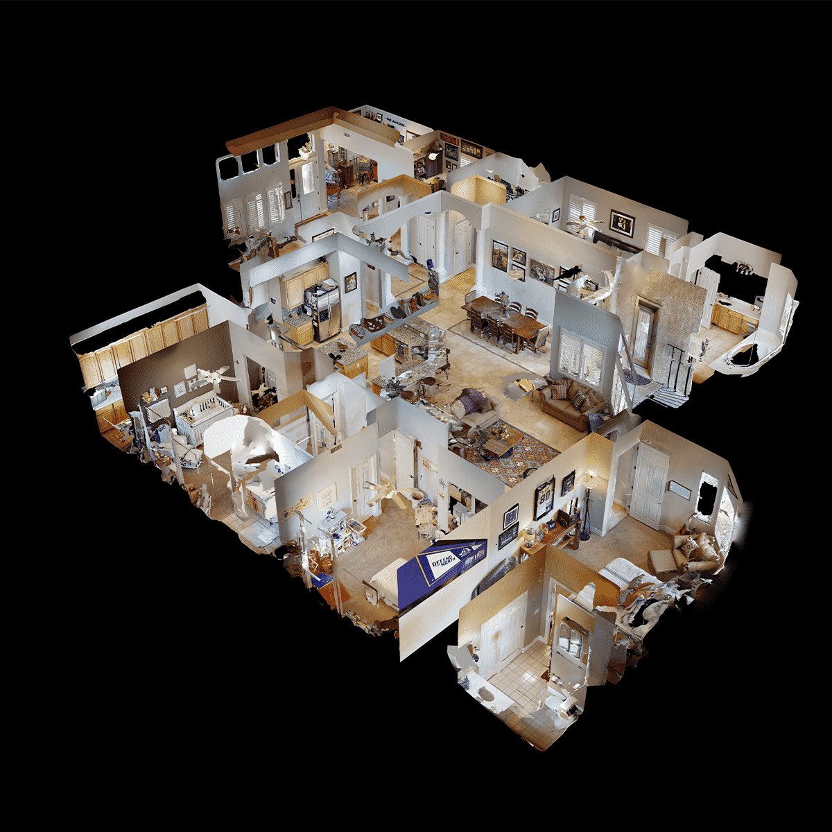 3D floor plan of a multi-room house, showing various rooms including bedrooms, living areas, kitchen, and bathrooms.