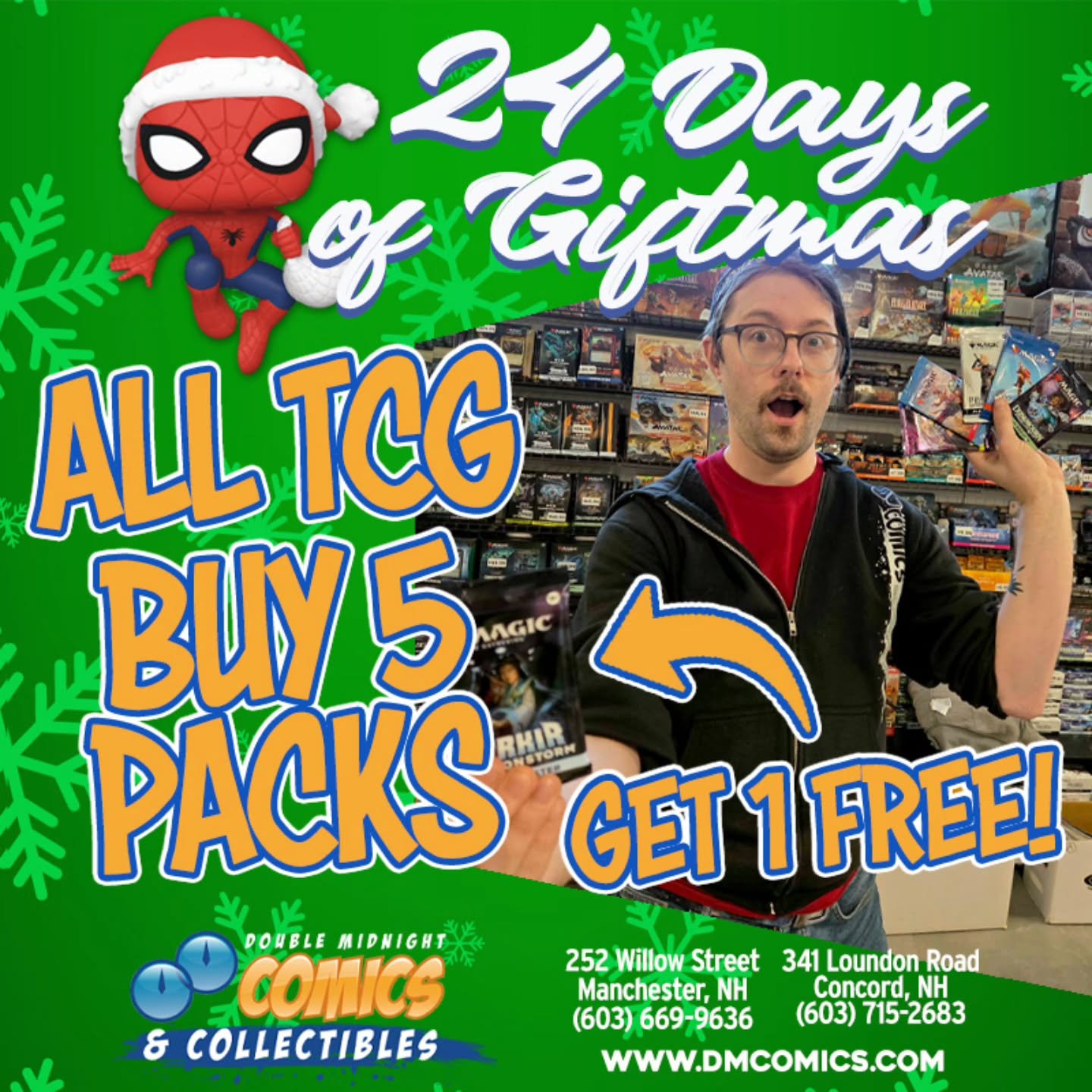 Tuesday December 23rd's Giftmas Deal of the Day is Buy 5 TCG packs get 1 FREE! Free pack is the lowest priced item, yes you can mix and match games! #pokemontcg #magicthegathering #lorcana #yugioh