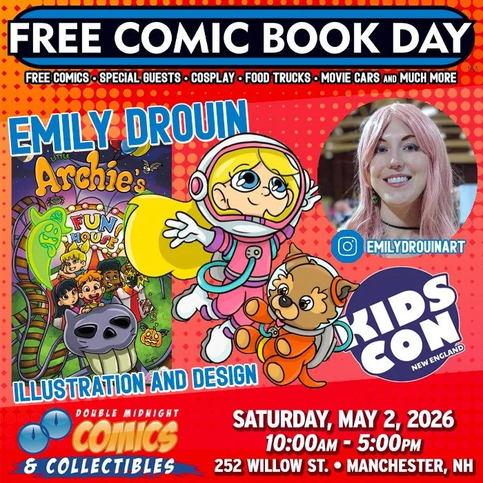 Midnighter's, please welcome FCBD guest &mdash; Emily Drouin!

Free Comic Book Day is here again! Join us on Saturday, May 2nd to celebrate.

We'll be taking over The Factory on Willow St. with a FREE comic con, movie cars, food trucks, costume conte