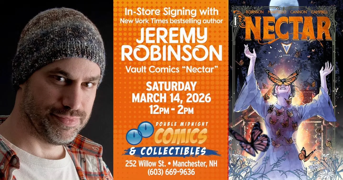 1 week from today writer @jrobinsonauthor will be at the Manchester store signing copies of the white hot @thevaultcomics Nectar #1!!!