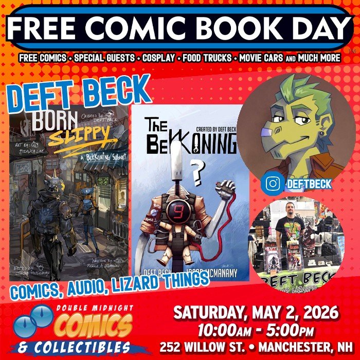 Please welcome FCBD guest &mdash; Deft Beck!

Free Comic Book Day is back! Join us on Saturday, May 2nd to celebrate.

We&rsquo;re taking over The Factory on Willow St. with a FREE comic con, movie cars, food trucks, costume contest, live music, and 