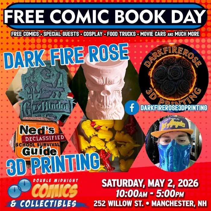Please welcome FCBD guest &mdash; Dark Fire Rose 3D Printing!

Free Comic Book Day is back! Join us on Saturday, May 2nd to celebrate.

We&rsquo;re taking over The Factory on Willow St. with a FREE comic con, movie cars, food trucks, costume contest,