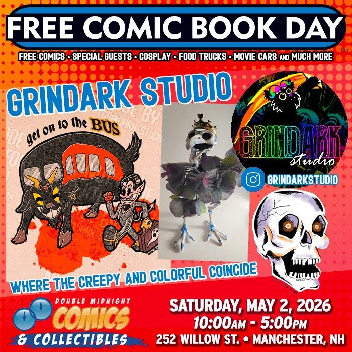 Please welcome FCBD guest &mdash; Grindark Studio! Where colorful and creepy coincide!

Free Comic Book Day is back! Join us on Saturday, May 2nd to celebrate.

We&rsquo;re taking over The Factory on Willow St. with a FREE comic con, movie cars, food