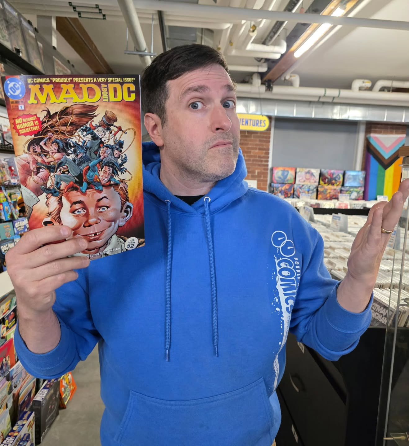 What us worry? Just in time for April Fool Day Wednesday @dccomics drops Mad at DC featuring a gaggle of creators skewering DC Comics! Lots of funny stuff including NH's own @sethmeyers teaming up with Chip Zdarsky on a Lasso of Truth story! #madmaga