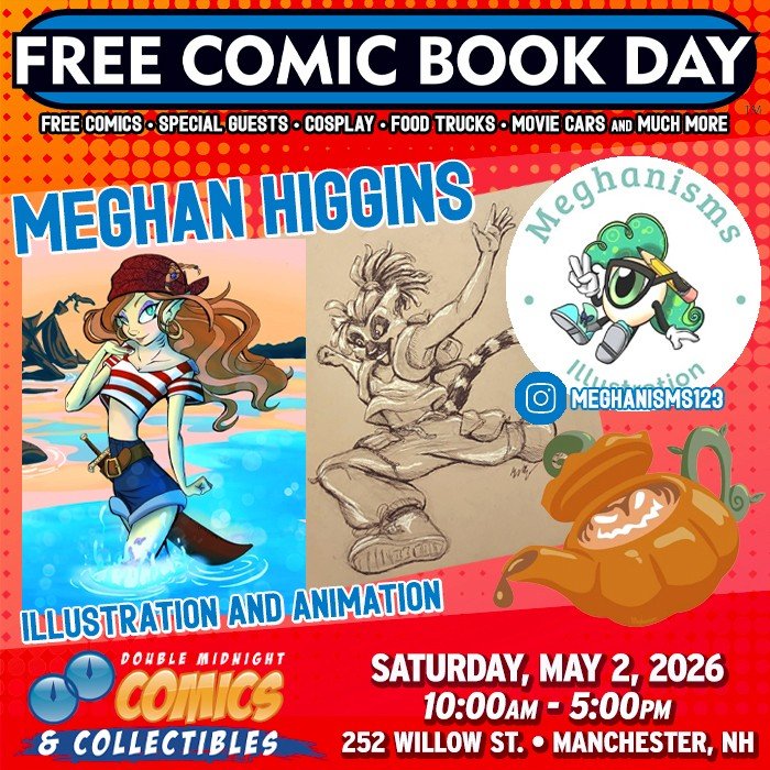 Please welcome FCBD guest &mdash; artist, Meghan Higgins!

Free Comic Book Day is back! Join us on Saturday, May 2nd to celebrate.

We&rsquo;re taking over The Factory on Willow St. with a FREE comic con, movie cars, food trucks, costume contest, liv