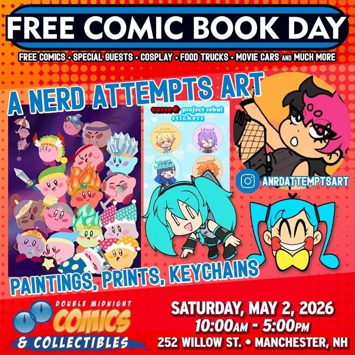 Please welcome FCBD guest &mdash; A Nerd Attempts Art!

Free Comic Book Day is back! Join us on Saturday, May 2nd to celebrate.

We&rsquo;re taking over The Factory on Willow St. with a FREE comic con, movie cars, food trucks, costume contest, live m