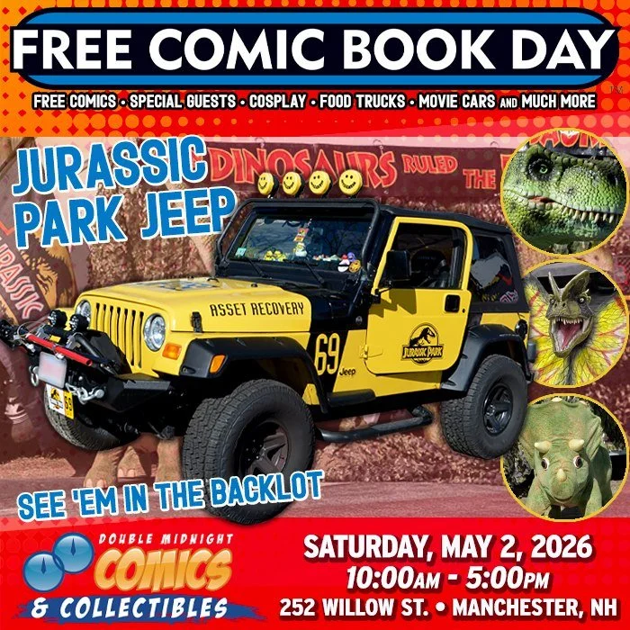 Please welcome to FCBD &mdash; the Jurassic Park Jeep!

Free Comic Book Day is back! Join us on Saturday, May 2nd to celebrate.

We&rsquo;re taking over The Factory on Willow St. with a FREE comic con, movie cars, food trucks, costume contest, live m