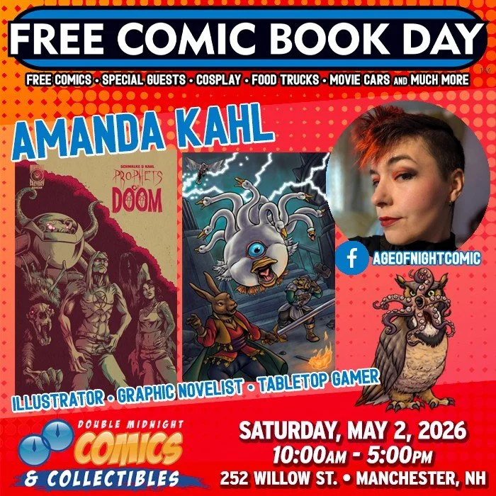 Please welcome FCBD guest &mdash; artist, Amanda Kahl!

Free Comic Book Day is back! Join us on Saturday, May 2nd to celebrate.

We&rsquo;re taking over The Factory on Willow St. with a FREE comic con, movie cars, food trucks, costume contest, live m