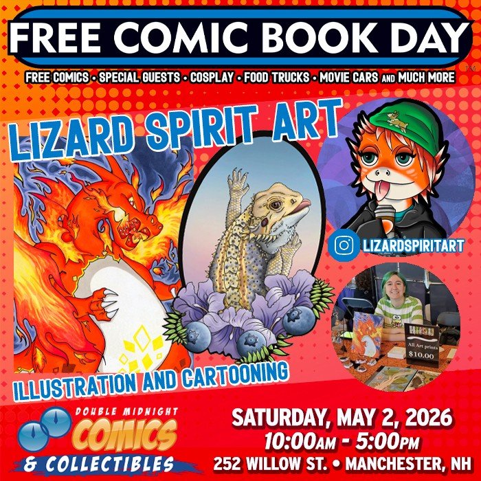 Please welcome FCBD guest &mdash; Lizard Spirit Art!

Free Comic Book Day is back! Join us on Saturday, May 2nd to celebrate.

We&rsquo;re taking over The Factory on Willow St. with a FREE comic con, movie cars, food trucks, costume contest, live mus