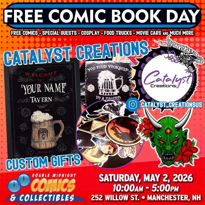 Please welcome FCBD guest &mdash; Catalyst Creations!

Free Comic Book Day is back! Join us on Saturday, May 2nd to celebrate.

We&rsquo;re taking over The Factory on Willow St. with a FREE comic con, movie cars, food trucks, costume contest, live mu
