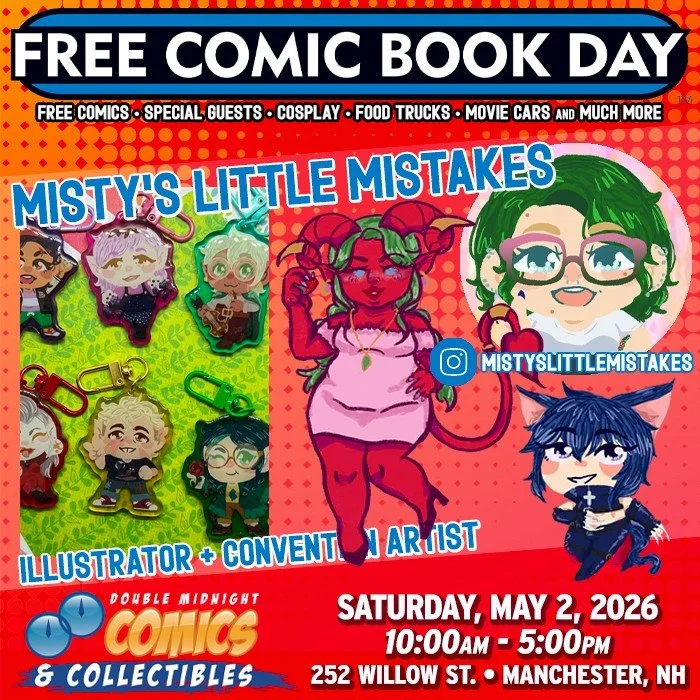 Please welcome FCBD guest &mdash; Misty&rsquo;s Little Mistakes!

Free Comic Book Day is back! Join us on Saturday, May 2nd to celebrate.

We&rsquo;re taking over The Factory on Willow St. with a FREE comic con, movie cars, food trucks, costume conte