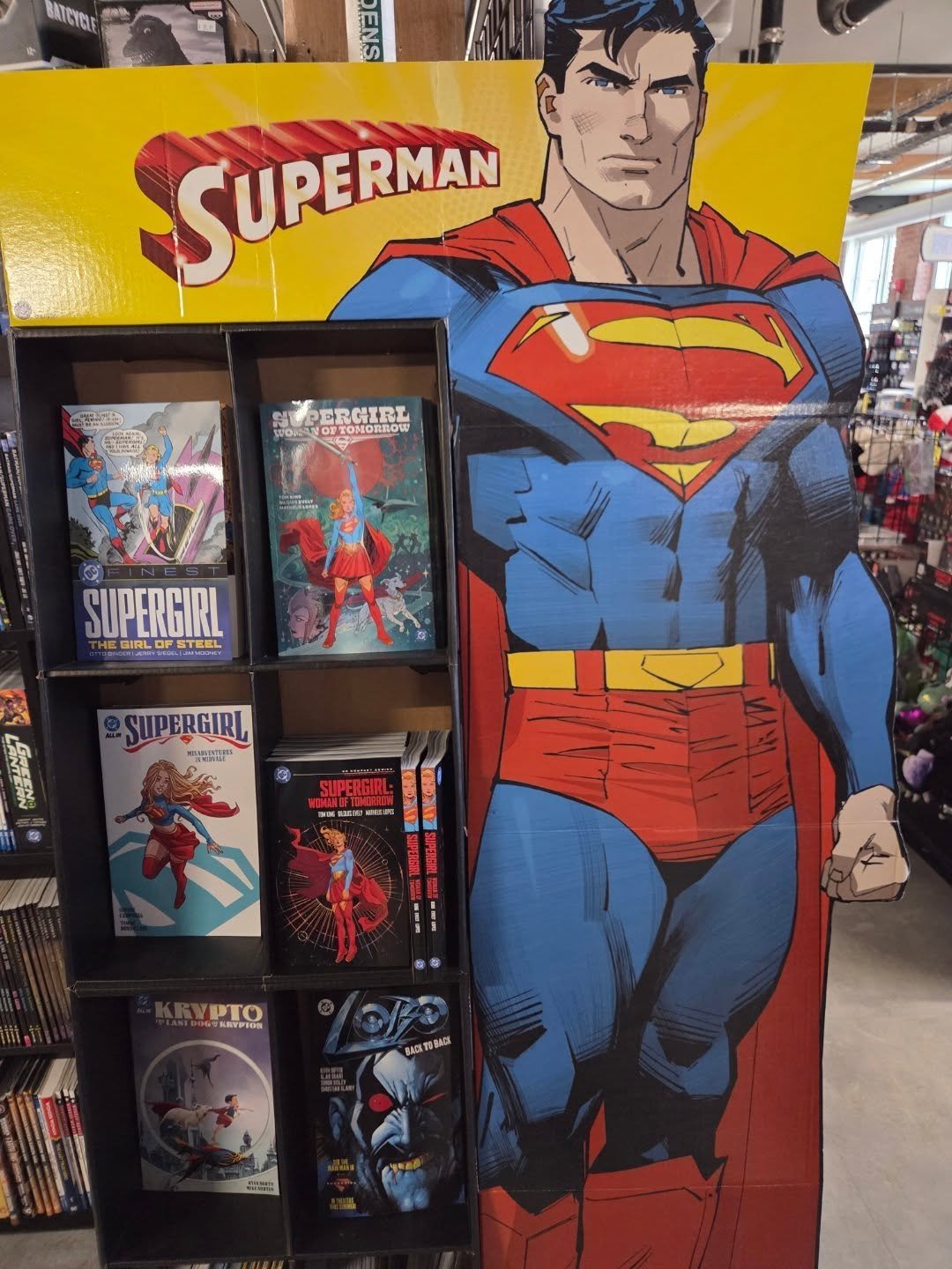 Happy #SupermanDay! Supergirl, Krypto and Lobo have taken over our Superman display! Drop by and get a FREE comic! Plus all Superman, Supergirl and Lobo comics and graphic novels will be 20% off! We recommend Supergirl Woman of Tomorrow by @tomking_t