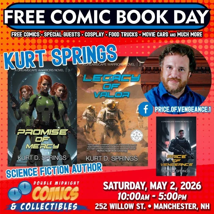 Please welcome FCBD guest &mdash; author, Kurt Springs!

Free Comic Book Day is back! Join us on Saturday, May 2nd to celebrate.

We&rsquo;re taking over The Factory on Willow St. with a FREE comic con, movie cars, food trucks, costume contest, live 