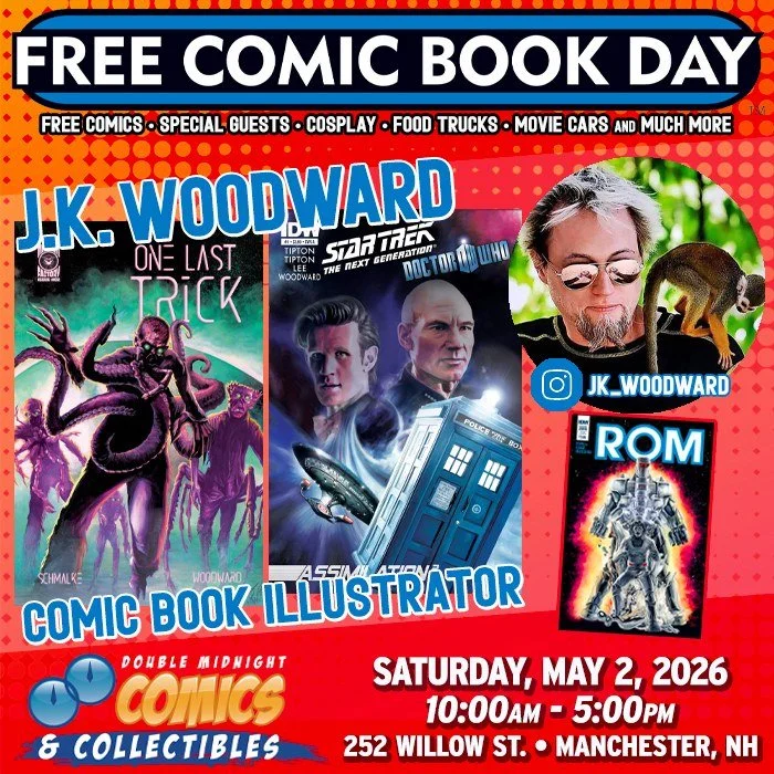 Please welcome FCBD guest &mdash; J.K. Woodward!

Free Comic Book Day is back! Join us on Saturday, May 2nd to celebrate.

We&rsquo;re taking over The Factory on Willow St. with a FREE comic con, movie cars, food trucks, costume contest, live music, 